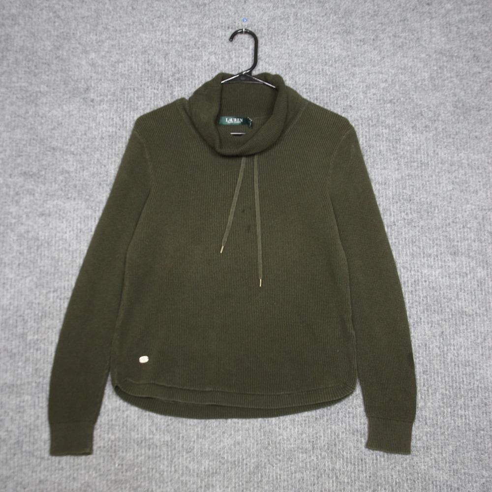 Lauren Ralph Lauren Cowl Neck Sweater Womens M Green Cotton Ribbed Knit Pullover
